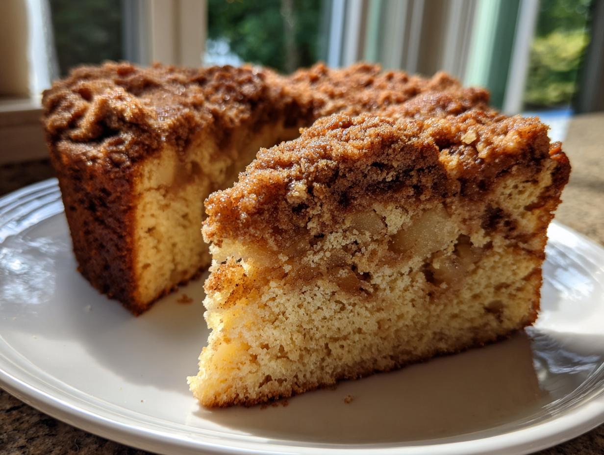 A close-up of a moist slice of apple coffee cake featuring visible apple chunks and a thick cinnamon streusel topping.