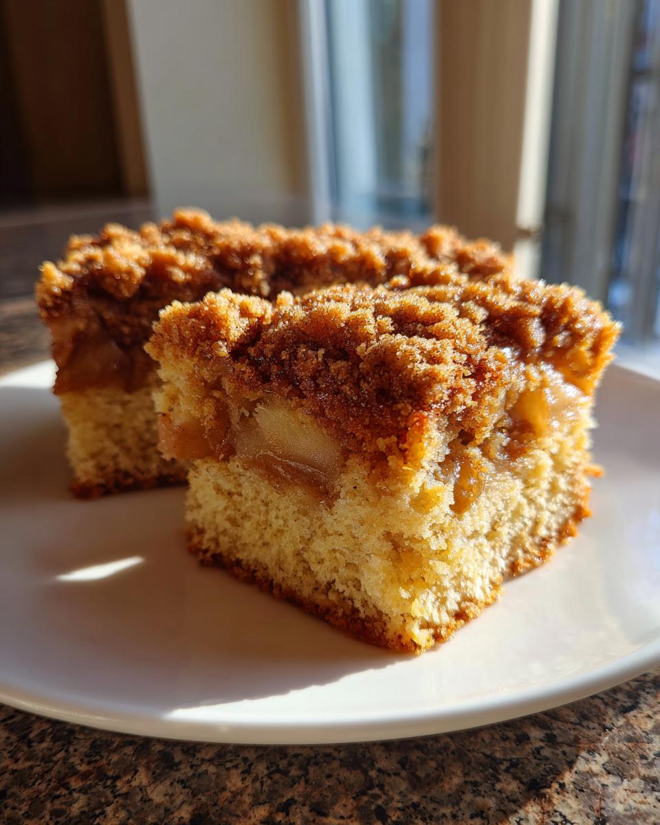 Two moist slices of apple coffee cake featuring a thick cinnamon crumb topping, served on a white plate.