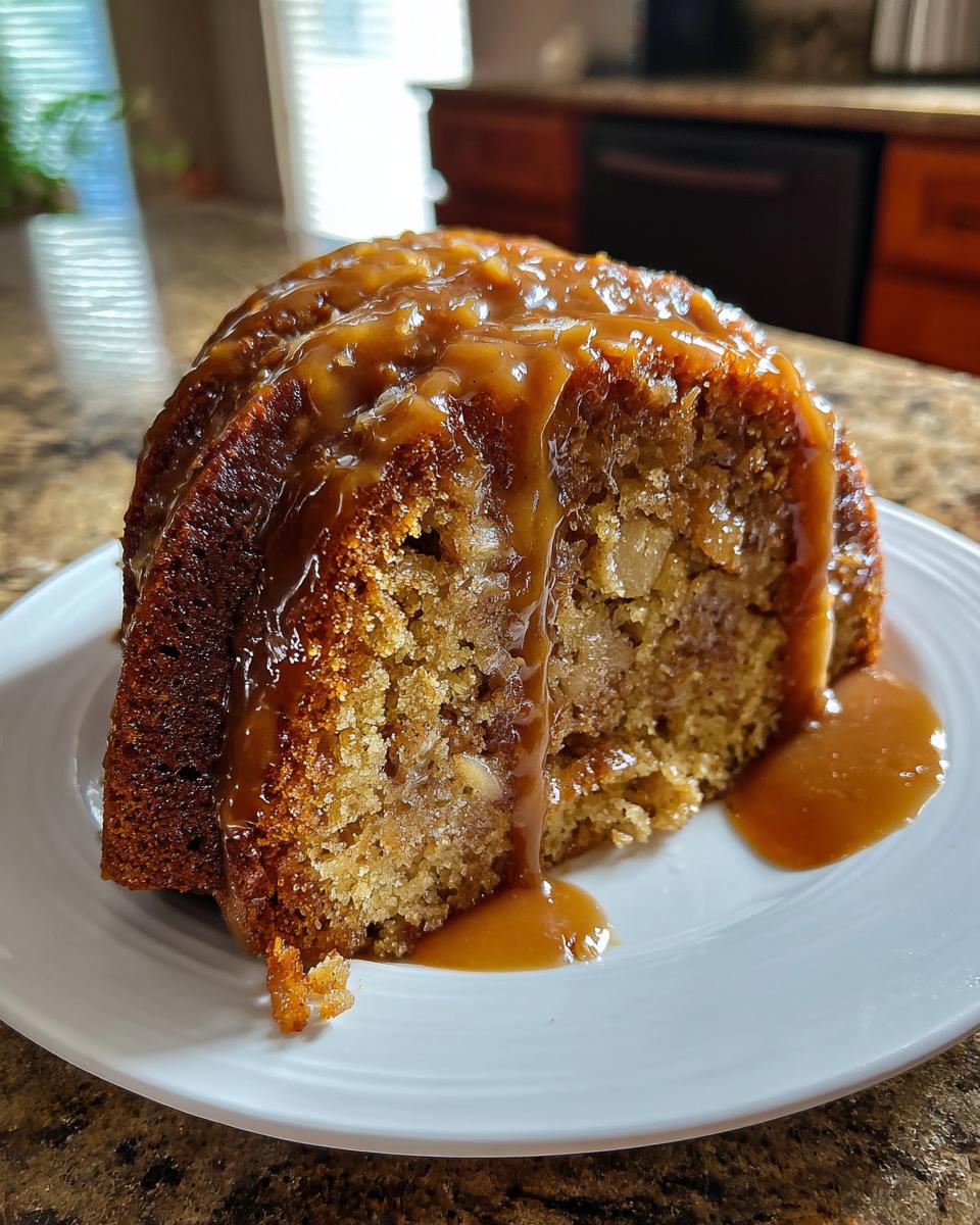 A moist slice of apple dapple cake, featuring visible apple chunks and covered in a thick, rich caramel sauce.
