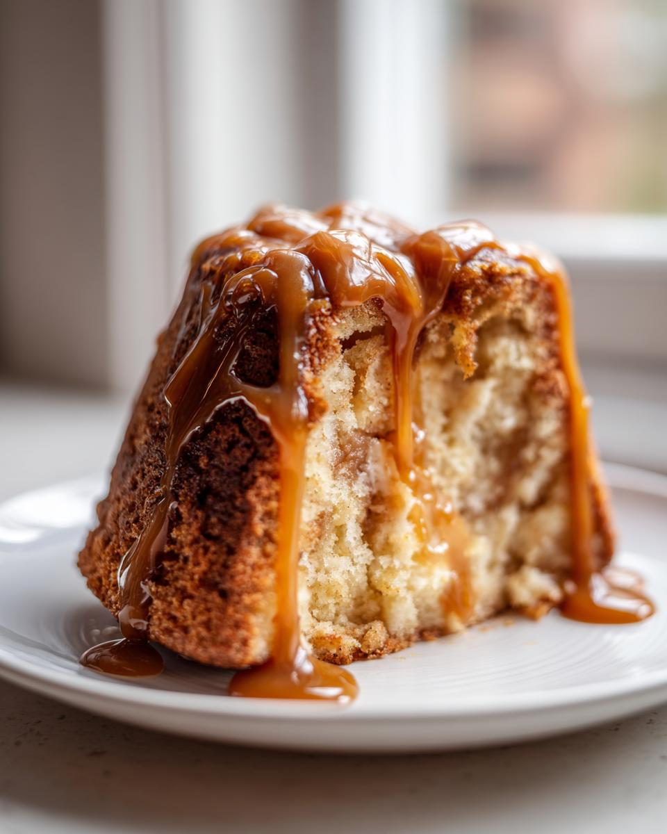 A moist slice of apple dapple cake generously topped with dripping caramel sauce, served on a white plate.
