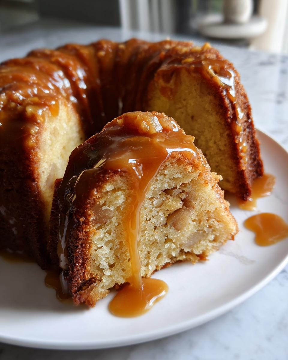 A moist slice of apple dapple cake topped with thick caramel sauce dripping down the side.