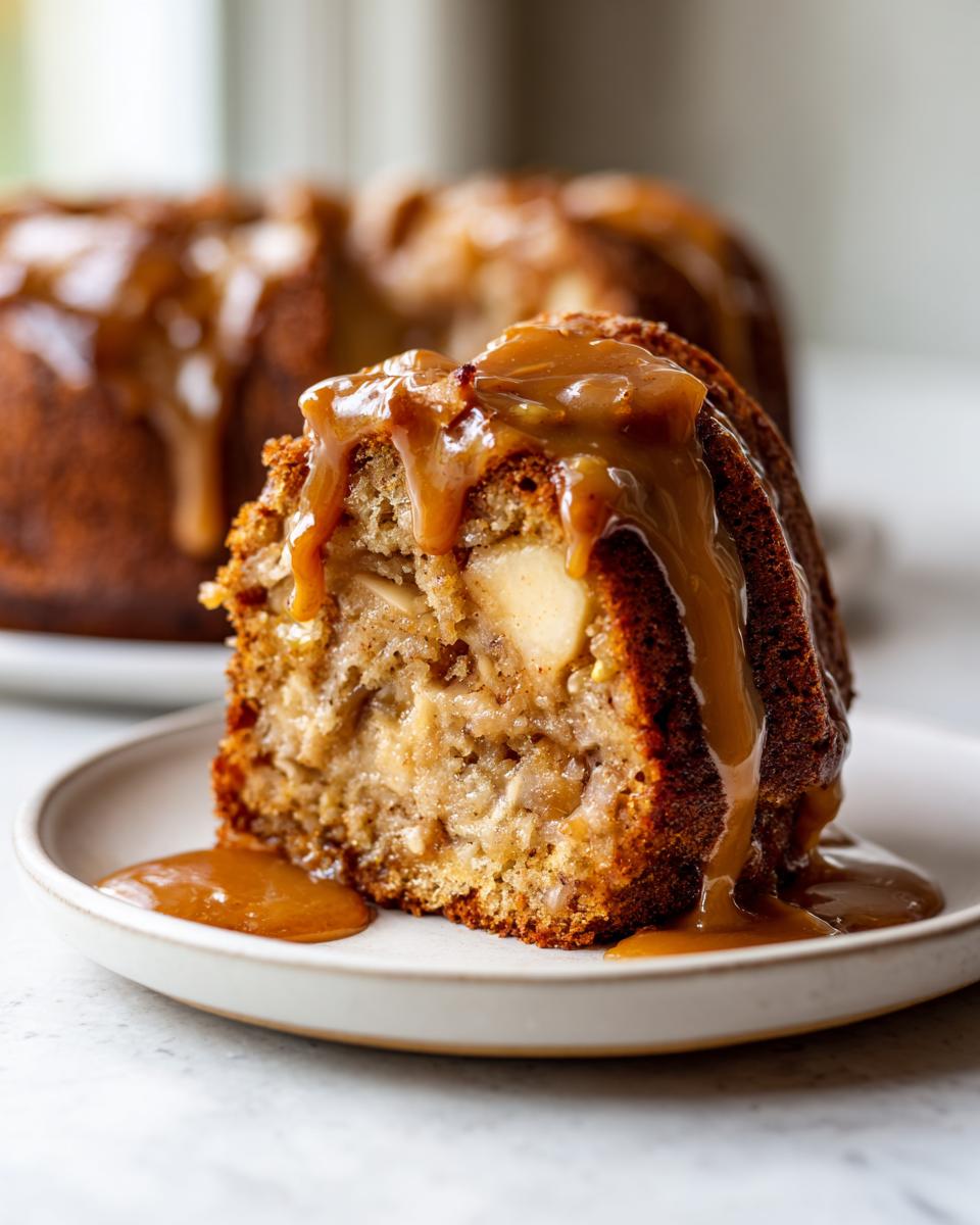 A thick slice of moist apple dapple cake loaded with apples and topped with rich caramel sauce.