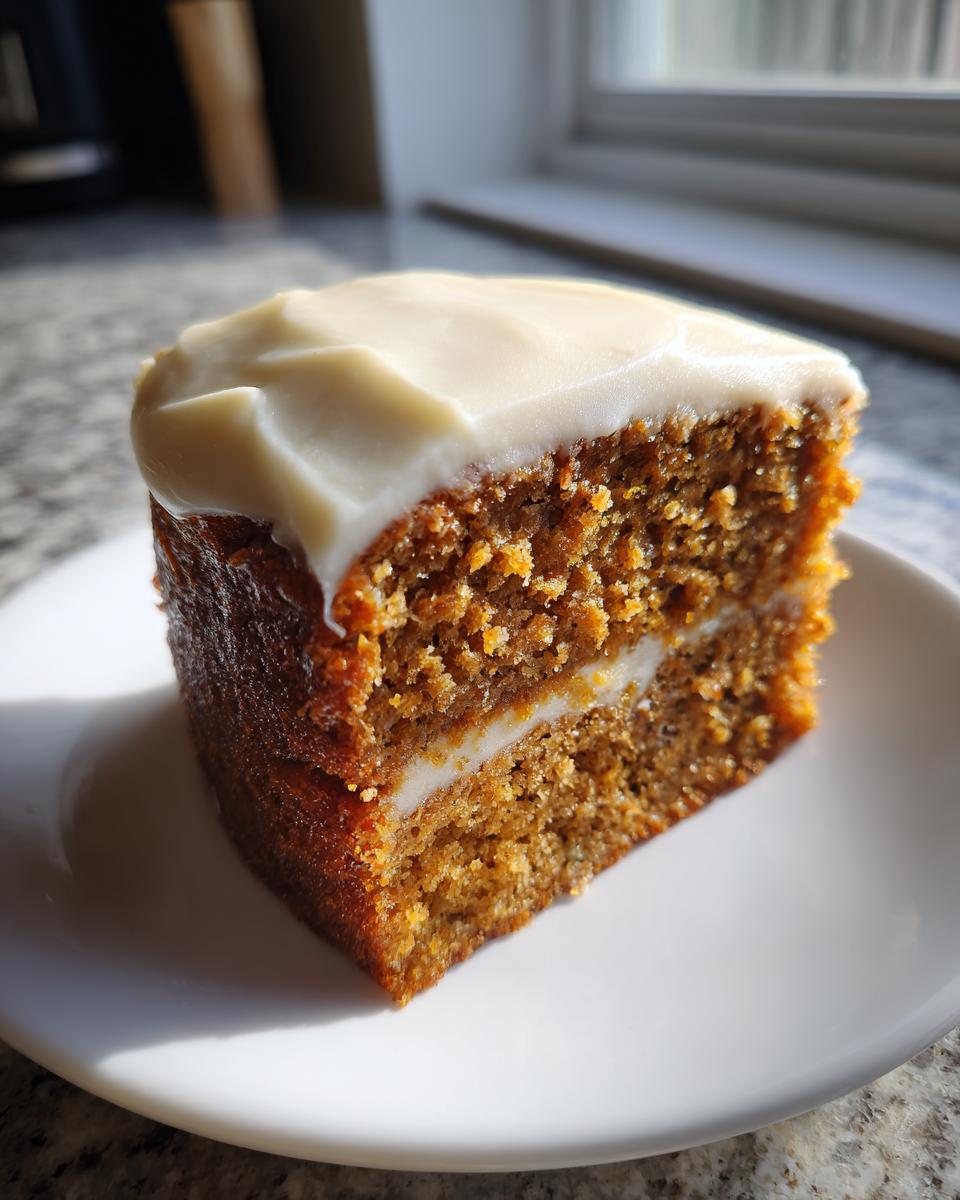 A thick slice of moist applesauce cake layered with white frosting, sitting on a white plate.