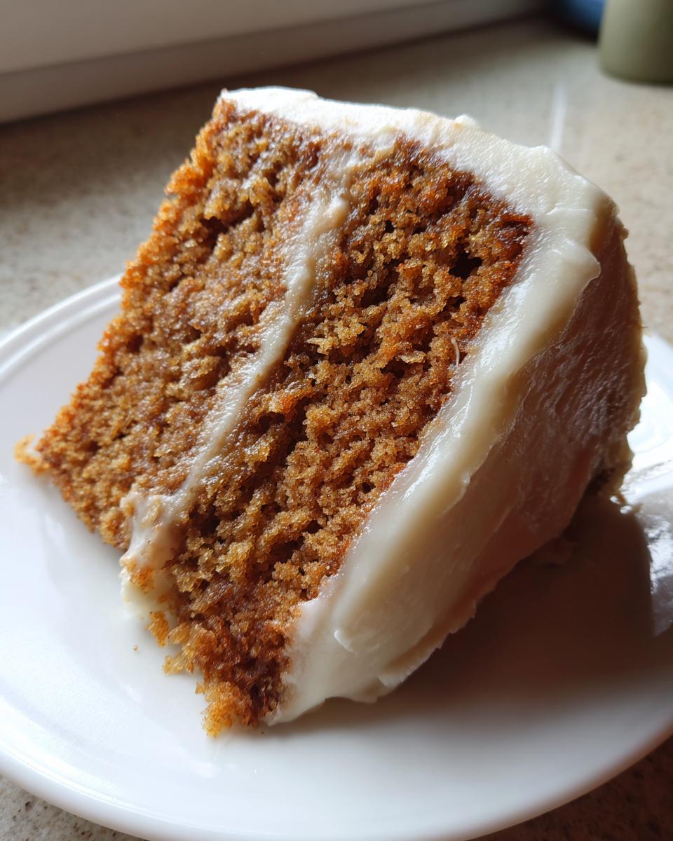 Close-up of a moist, brown slice of applesauce cake topped with thick white frosting on a white plate.