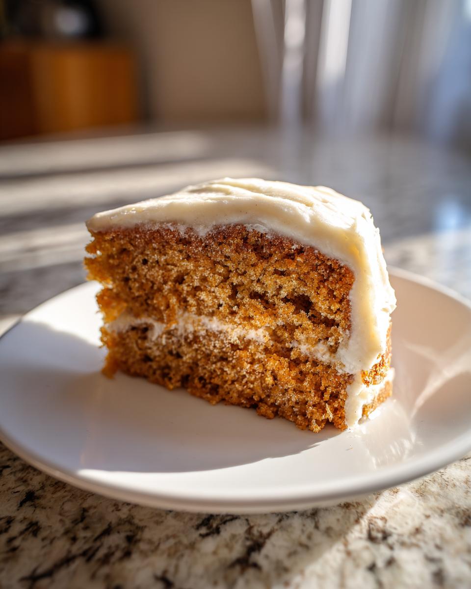 A close-up slice of moist applesauce cake layered with white frosting, sitting on a white plate.
