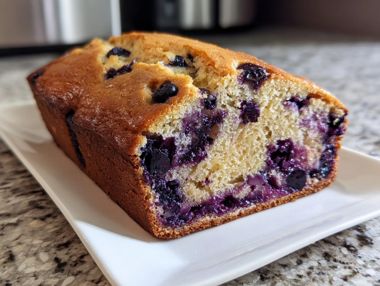 Close-up of a slice of moist blueberry banana bread showing a golden crust and rich purple blueberries throughout the crumb.