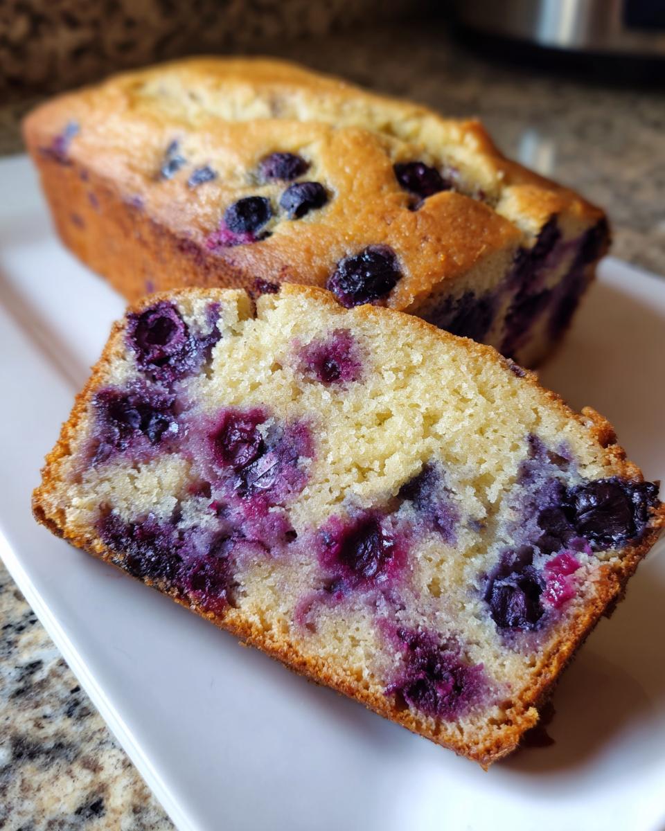 Close-up of a moist slice of blueberry banana bread showing vibrant purple blueberries baked into the golden crumb.