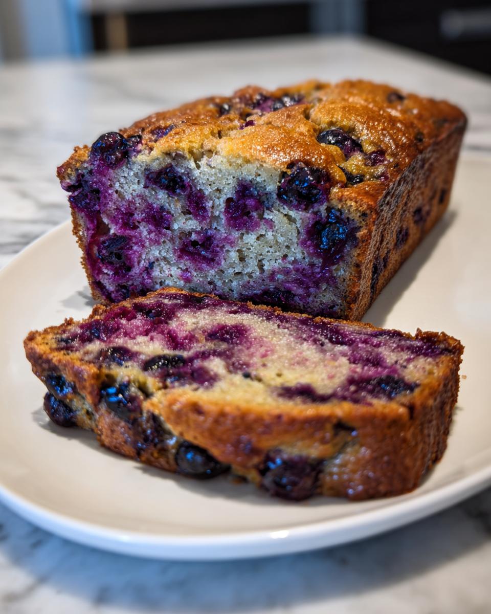 A close-up of a freshly baked blueberry banana bread loaf, partially sliced, showing moist interior packed with blueberries.