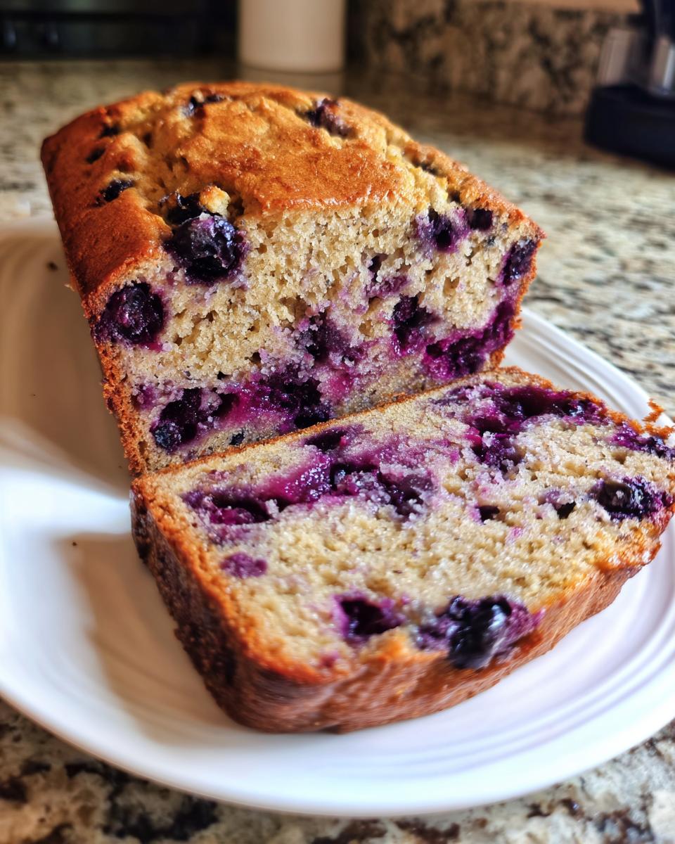 Close-up of a loaf of blueberry banana bread sliced, showing moist interior packed with blueberries.