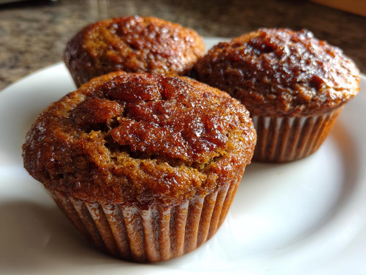 Three freshly baked, dark golden brown bran muffins with a glossy, moist top sitting on a white plate.