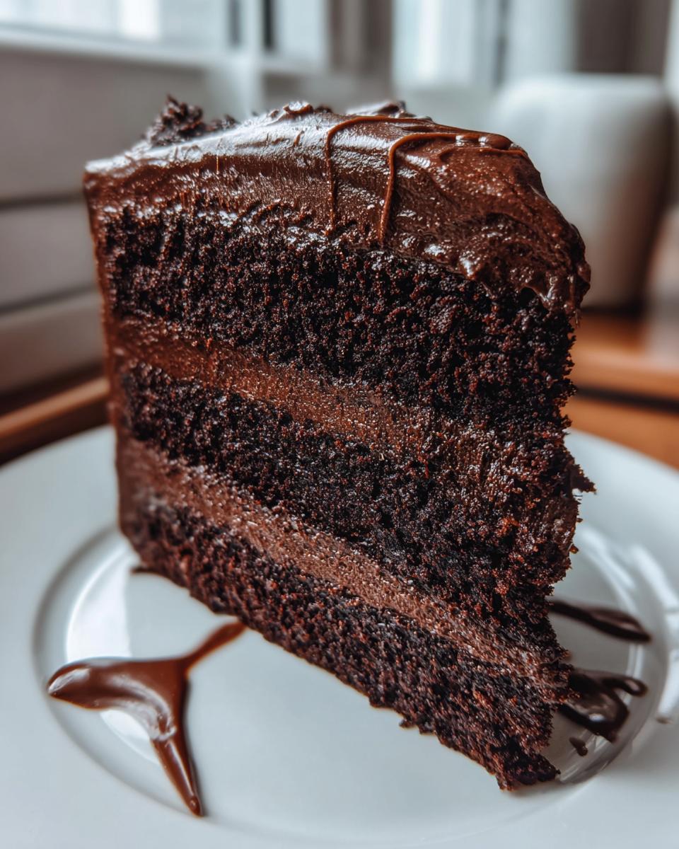 Close-up of a tall, moist slice of dark chocolate cake recipe layered with rich fudge frosting on a white plate.