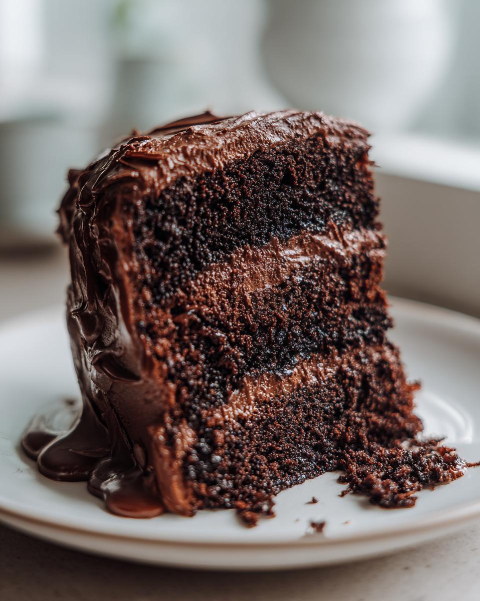 Close-up of a rich, moist slice from a chocolate cake recipe, covered in dripping fudge frosting.