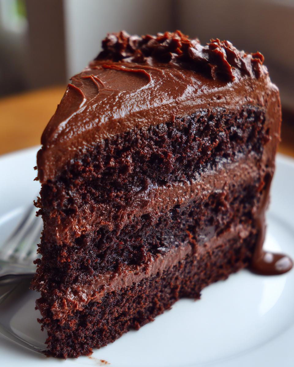 Close-up of a rich, dark slice of chocolate cake recipe layered with thick chocolate frosting on a white plate.