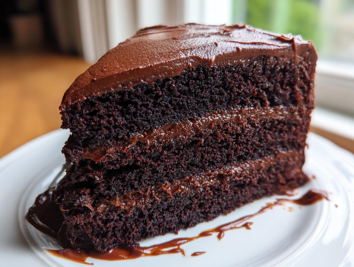 A tall, moist slice of dark chocolate cake recipe with thick fudge frosting and filling, resting on a white plate.