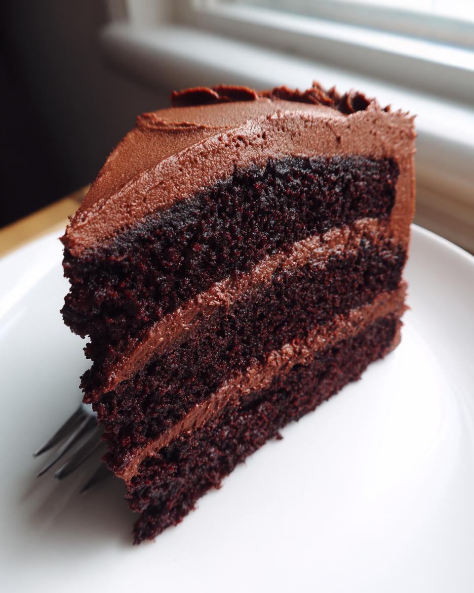 A rich, moist slice of three-layer chocolate cake with thick chocolate frosting, resting on a white plate.