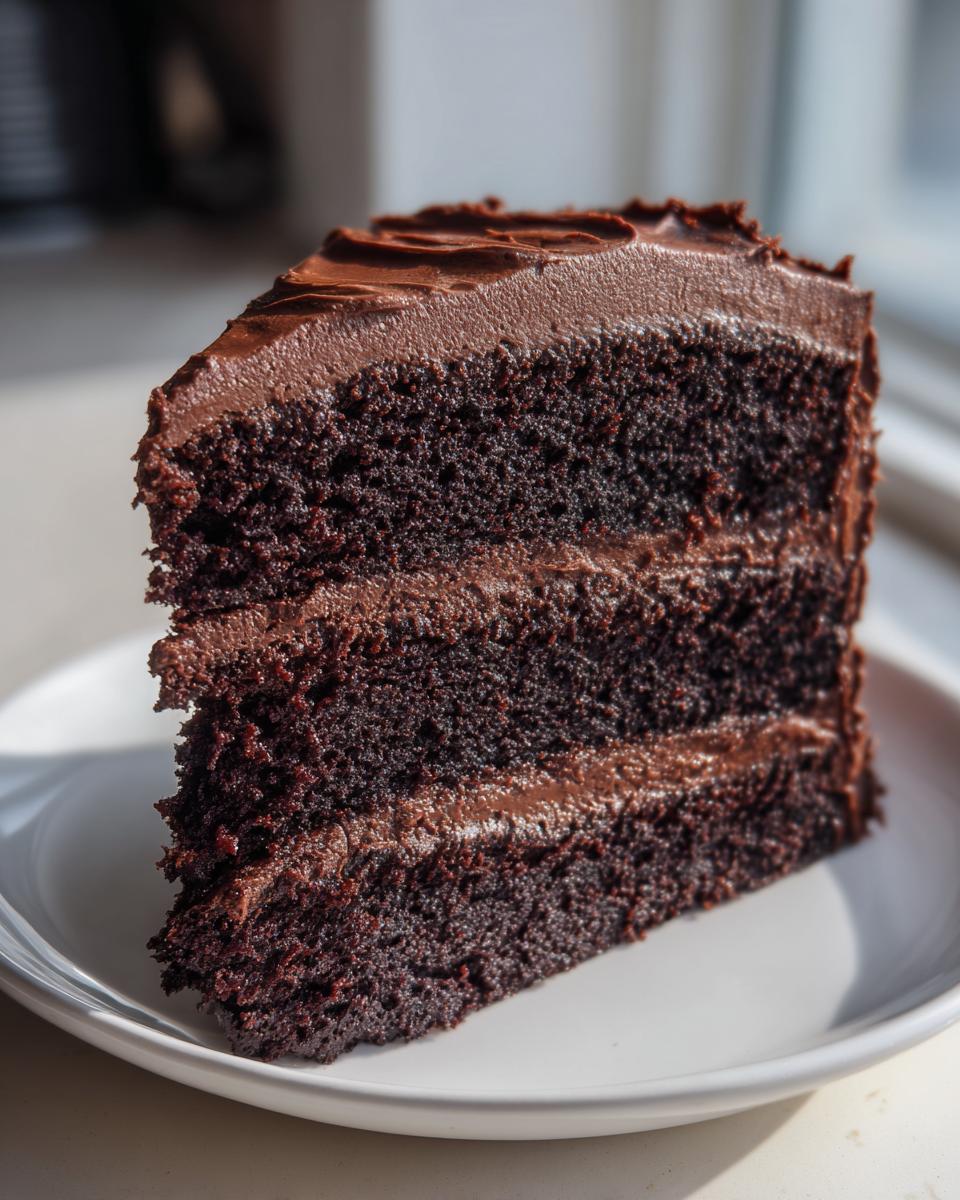 A close-up of a moist, dark three-layer chocolate cake slice with rich chocolate frosting.