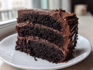Close-up of a rich, three-layer slice of moist chocolate cake covered in thick chocolate frosting.