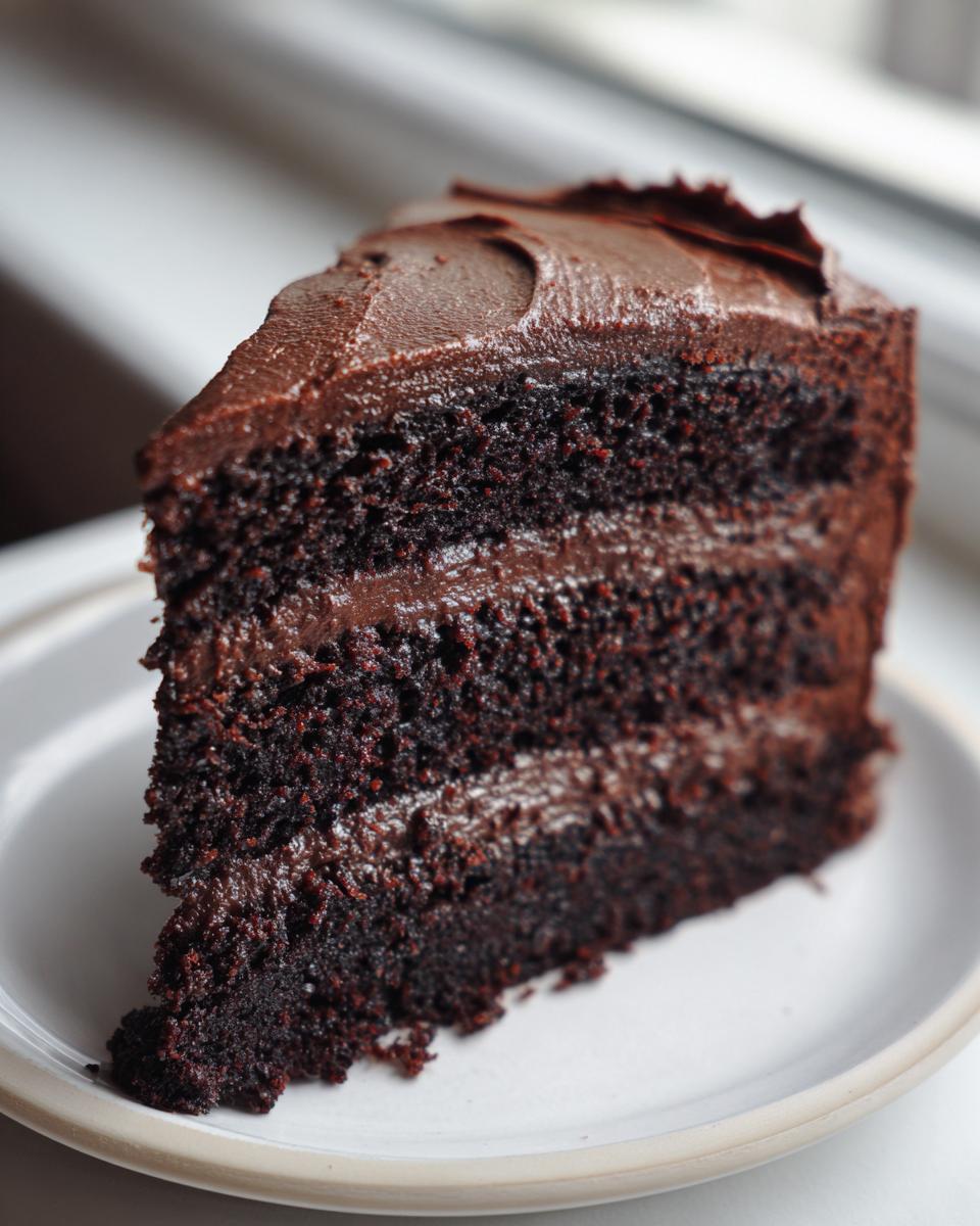 Close-up of a moist, dark slice of three-layer chocolate cake with rich chocolate frosting.