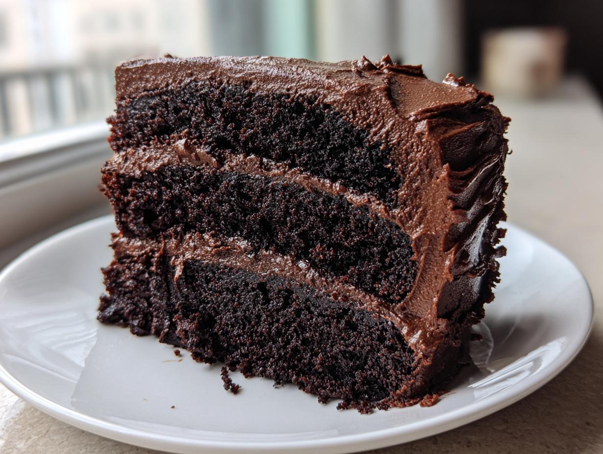 Close-up of a rich, three-layer slice of moist chocolate cake covered in thick chocolate frosting.