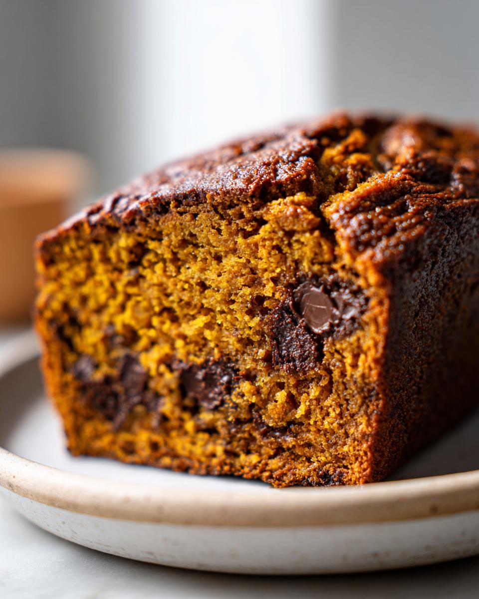 Close-up of a moist slice of chocolate chip pumpkin bread showing its rich orange color and texture.