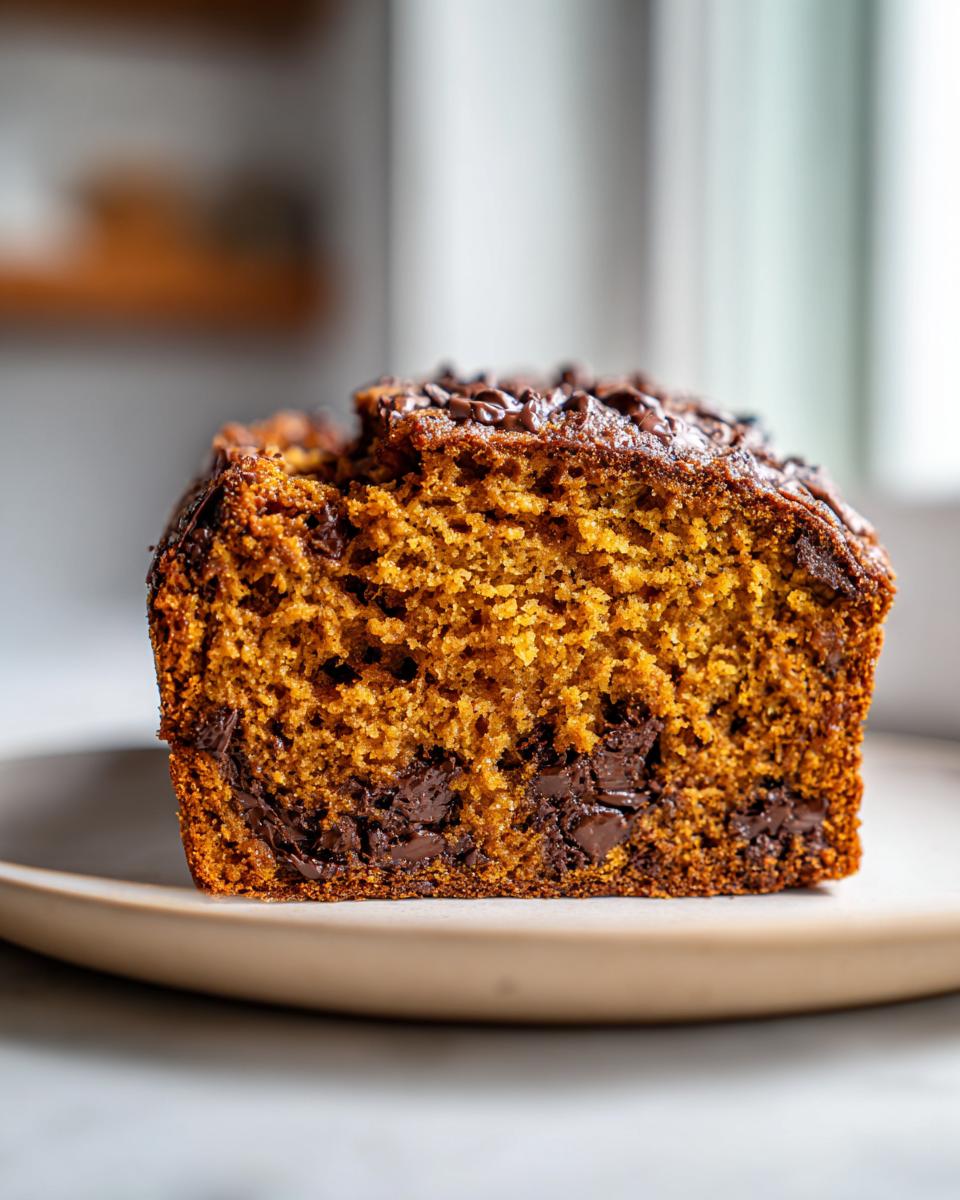Close-up of a slice of moist pumpkin bread loaded with melted chocolate chips.
