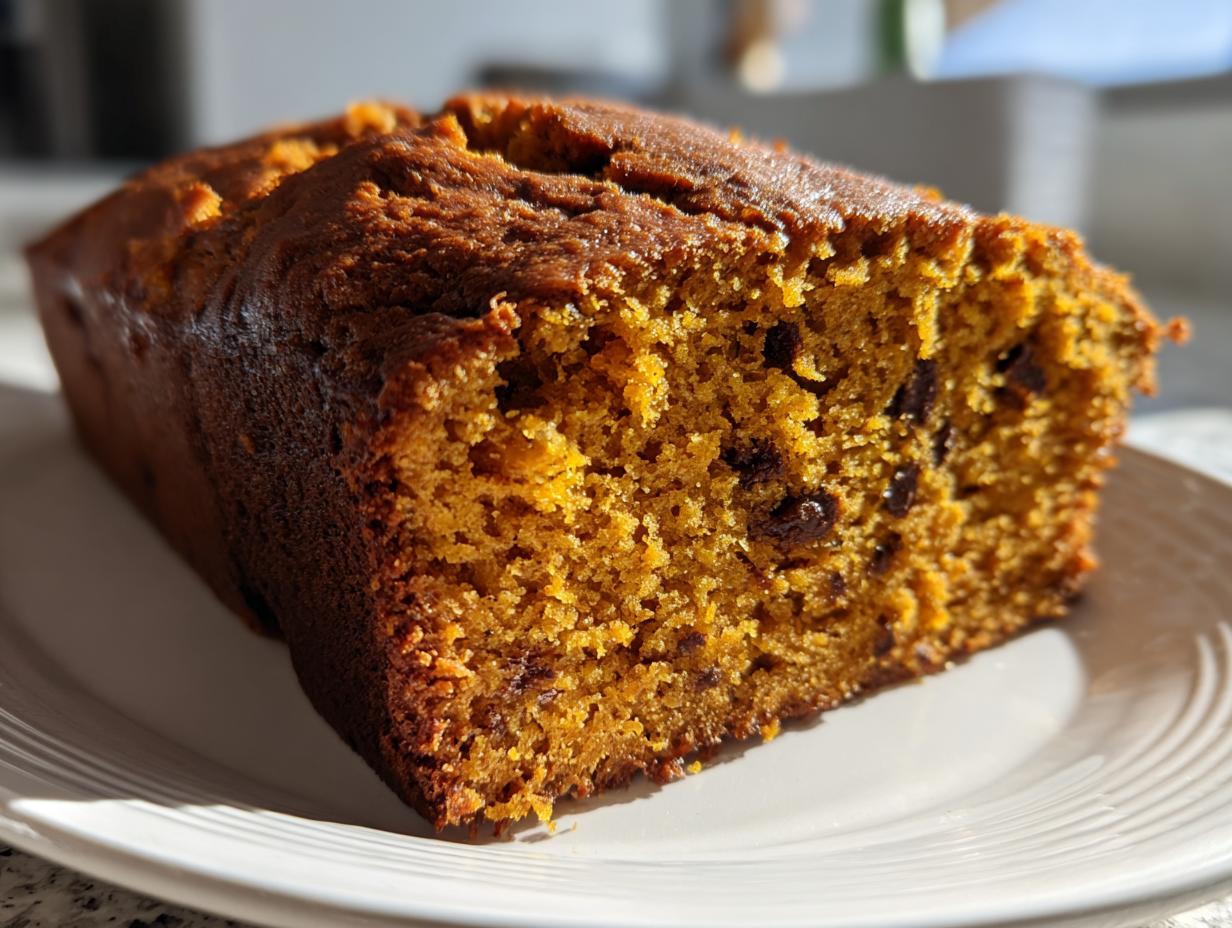 Close-up of a moist slice of chocolate chip pumpkin bread showing its rich orange color and texture.