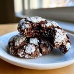 Two rich, dark chocolate crinkle cookies dusted with powdered sugar, one broken open to show the fudgy interior.