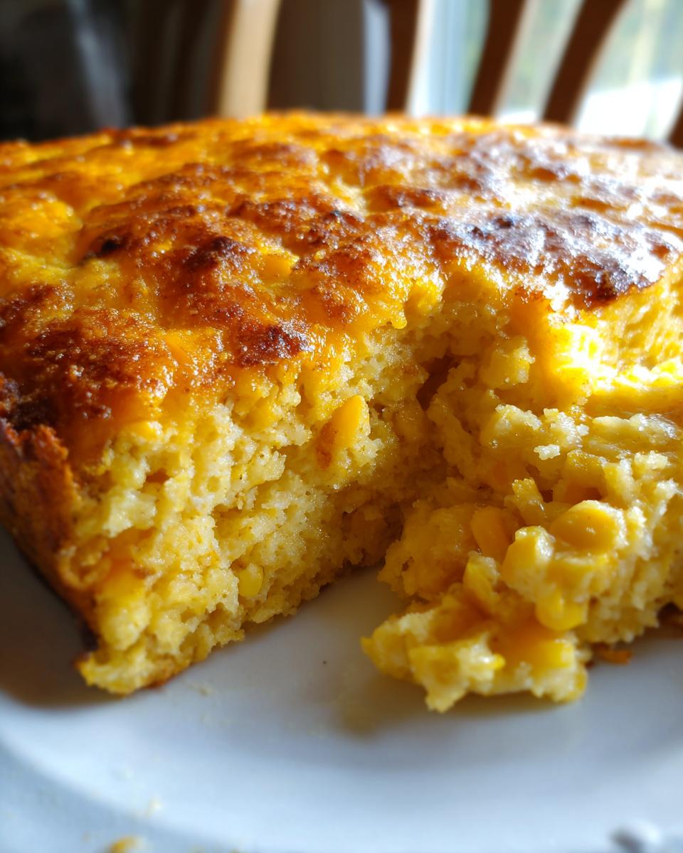 Close-up of a scoop taken out of a baked cream cheese corn casserole showing its moist, yellow interior and golden-brown top.