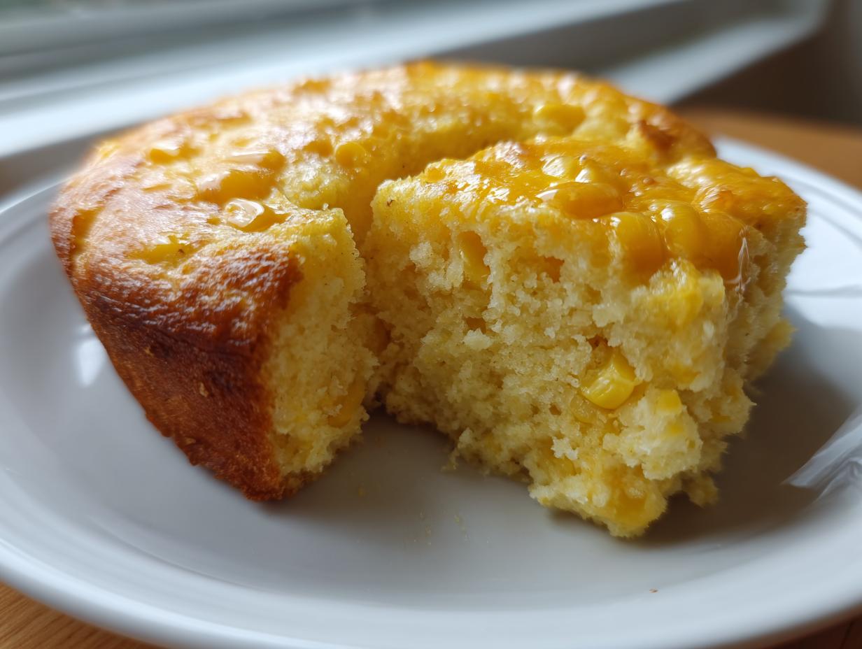 A close-up of a square slice of moist cream cheese corn casserole with visible corn kernels, served on a white plate.
