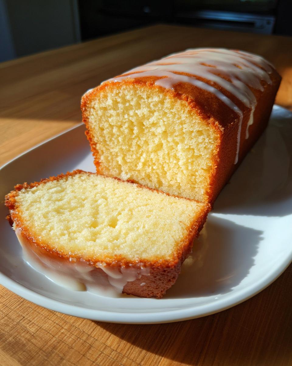 A loaf of golden cream cheese pound cake, partially sliced, drizzled with white icing.