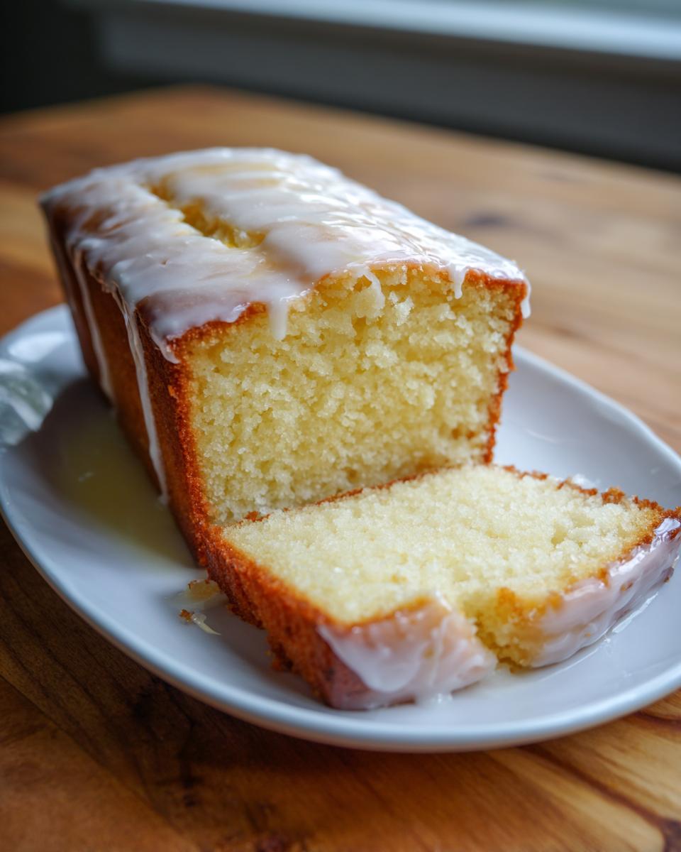A loaf of moist cream cheese pound cake, partially sliced, topped with a thick white glaze.