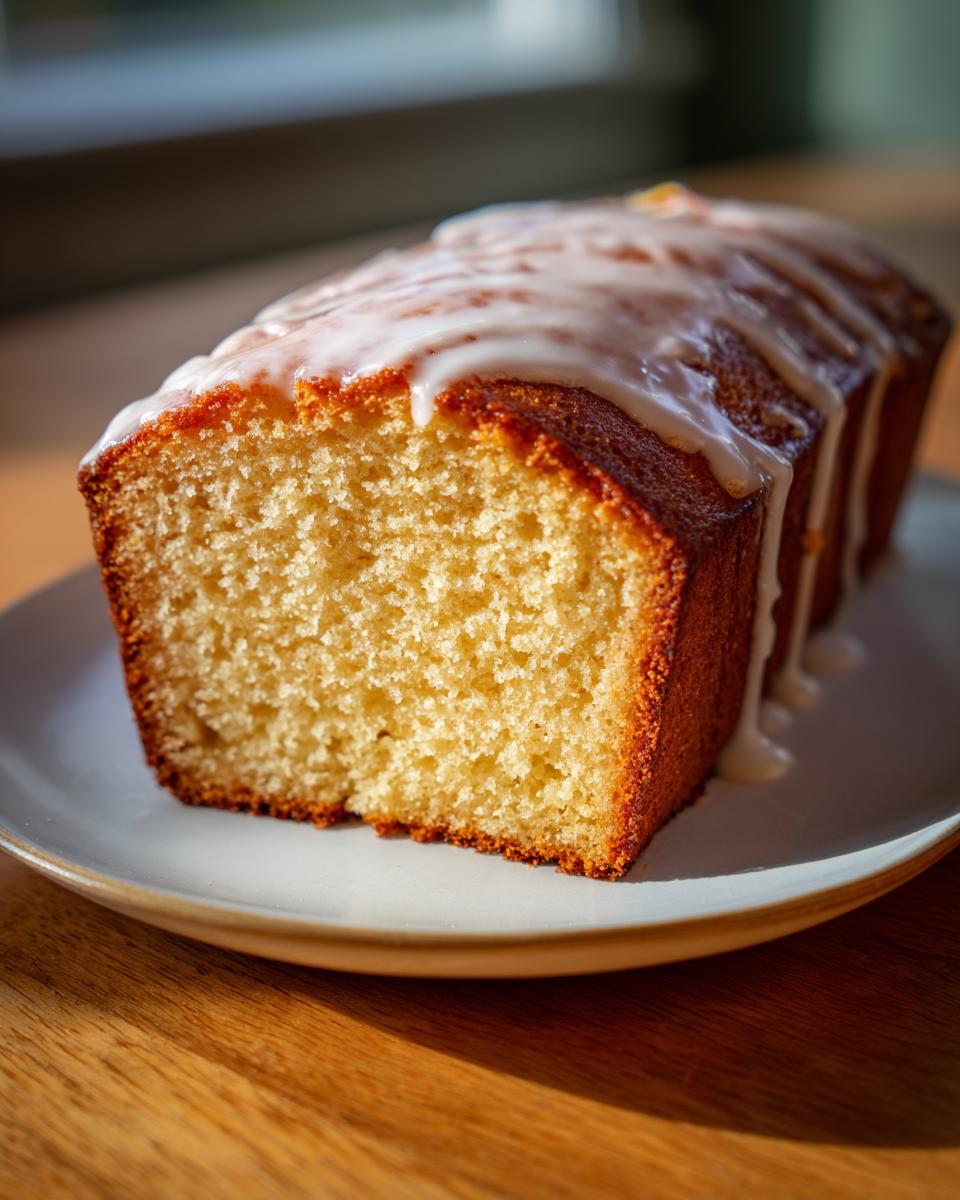 Close-up of a moist slice of cream cheese pound cake with a thick white glaze drizzled over the top.