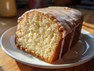 A close-up of a thick slice of moist cream cheese pound cake topped with a white vanilla glaze dripping down the sides.