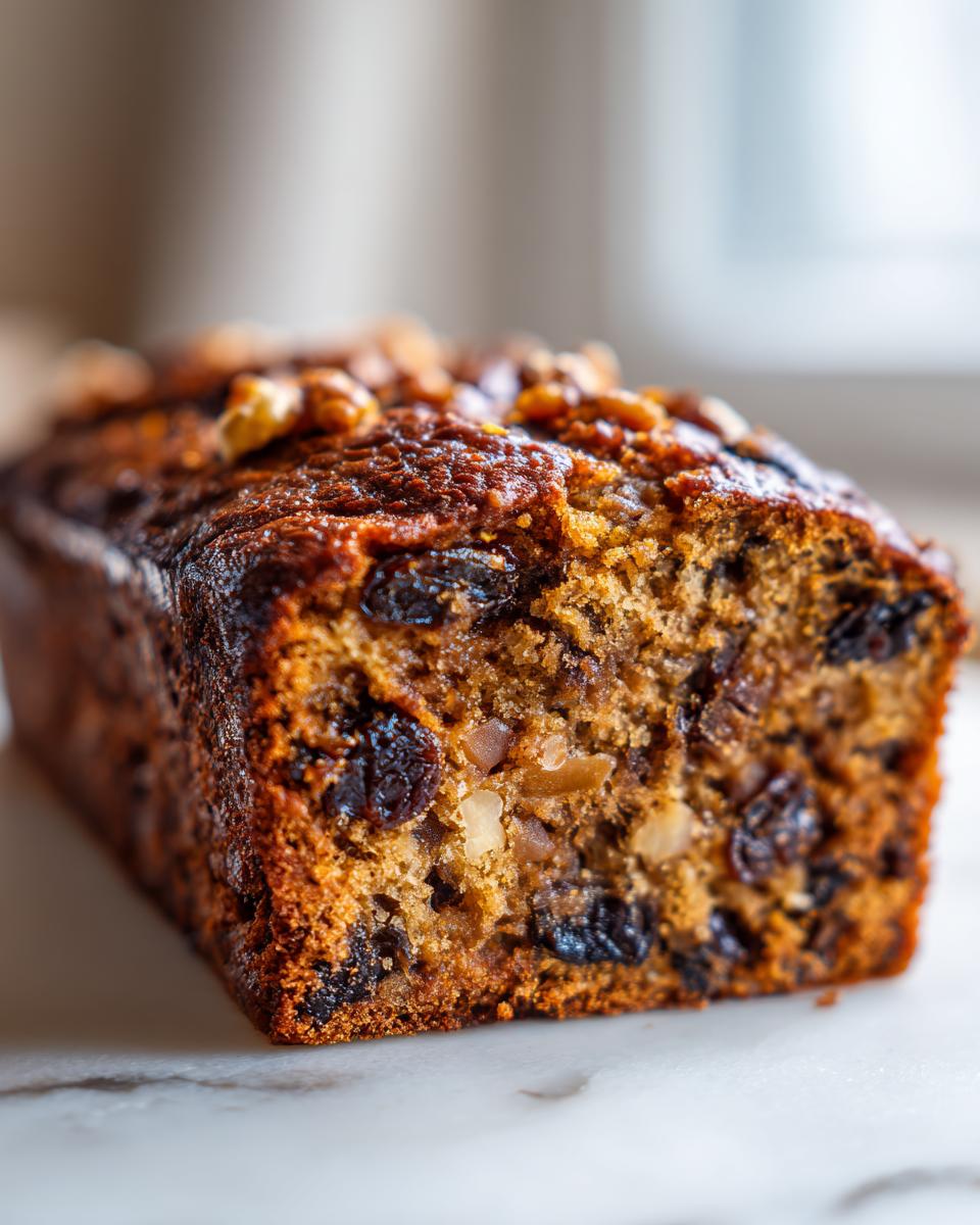 Close-up of a moist date nut bread loaf showing rich texture, dark raisins, and walnuts on top.