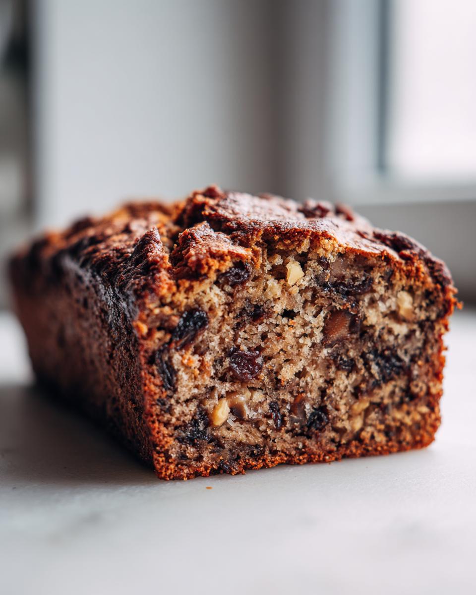 A close-up shot showing the moist, dense crumb texture of the date nut bread loaf, filled with dates and walnuts.