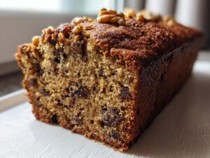 Close-up of a moist, freshly baked date nut bread loaf, topped with walnuts, showing its rich, dark crumb.