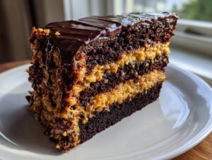 A tall slice of moist german chocolate cake featuring dark chocolate layers and rich coconut-pecan filling.