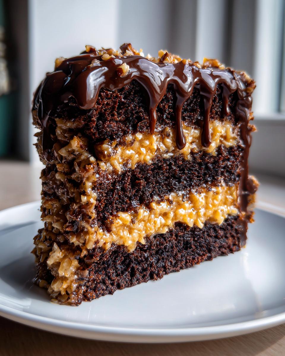 A tall, moist slice of german chocolate cake featuring dark layers, coconut pecan filling, and chocolate ganache drip.