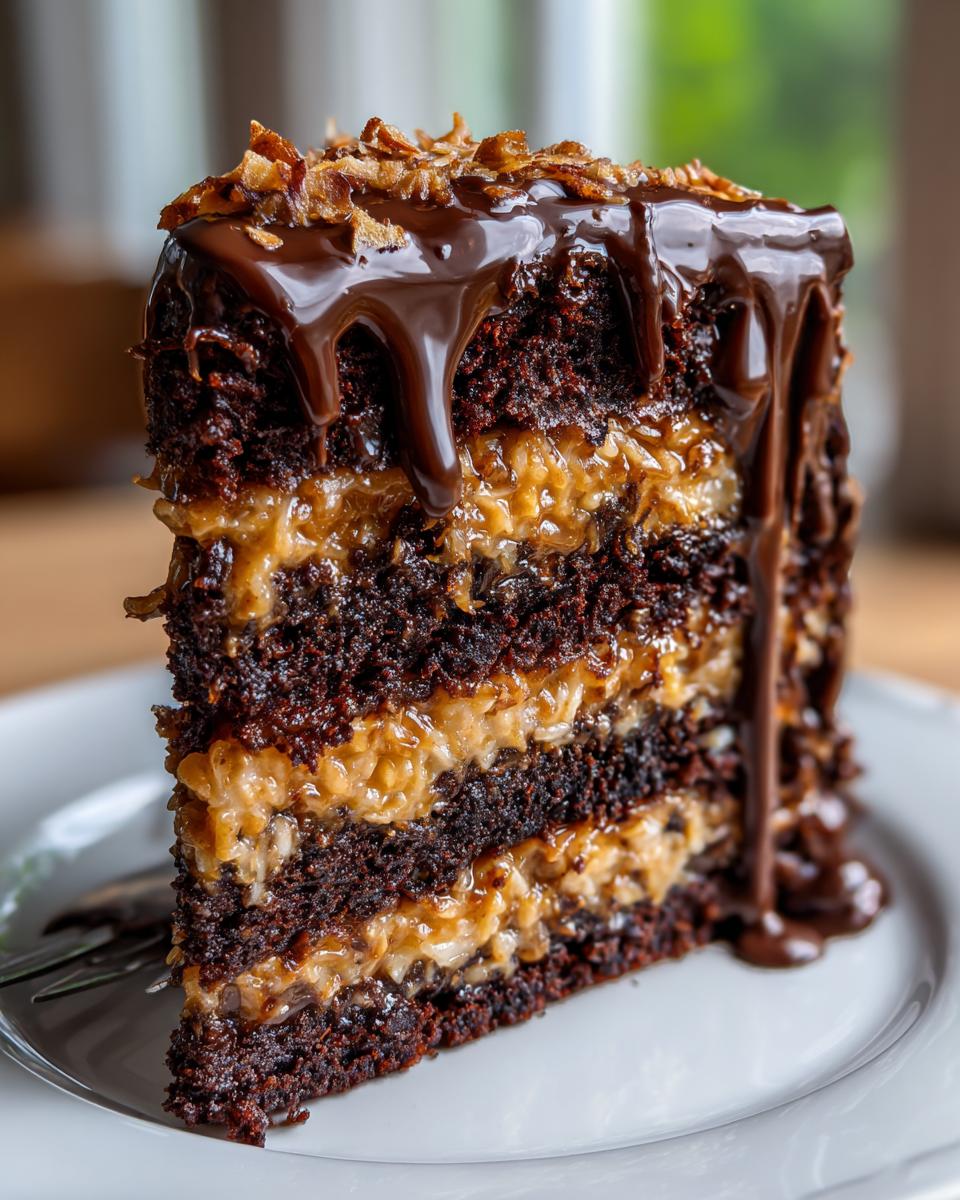 A decadent slice of german chocolate cake showing three layers of dark chocolate cake and coconut-pecan filling, topped with chocolate ganache.
