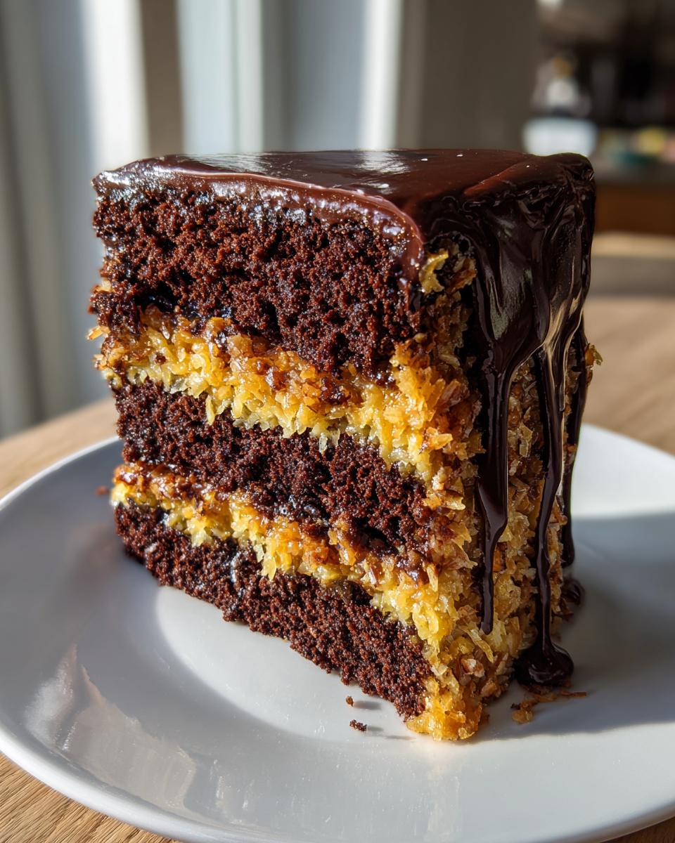 A tall, moist slice of german chocolate cake featuring dark chocolate layers and coconut-pecan filling, topped with dripping chocolate ganache.