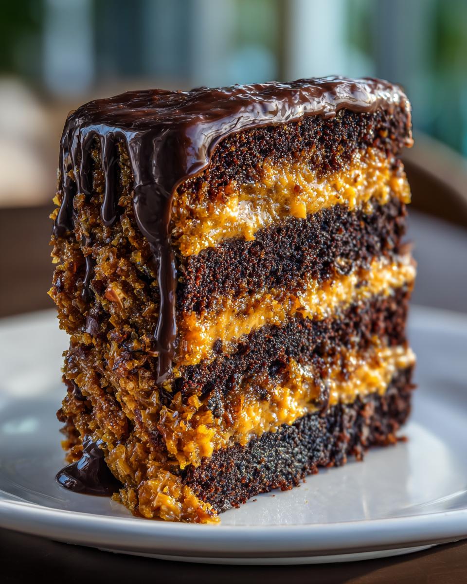 Close-up of a decadent slice of german chocolate cake with multiple dark layers and coconut-pecan filling.