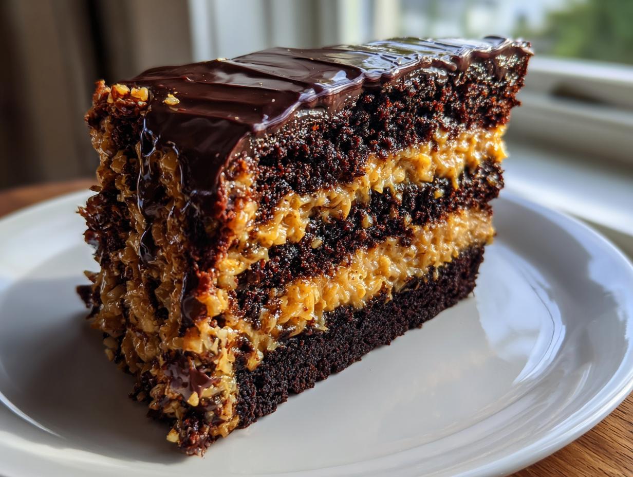 A tall slice of moist german chocolate cake featuring dark chocolate layers and rich coconut-pecan filling.