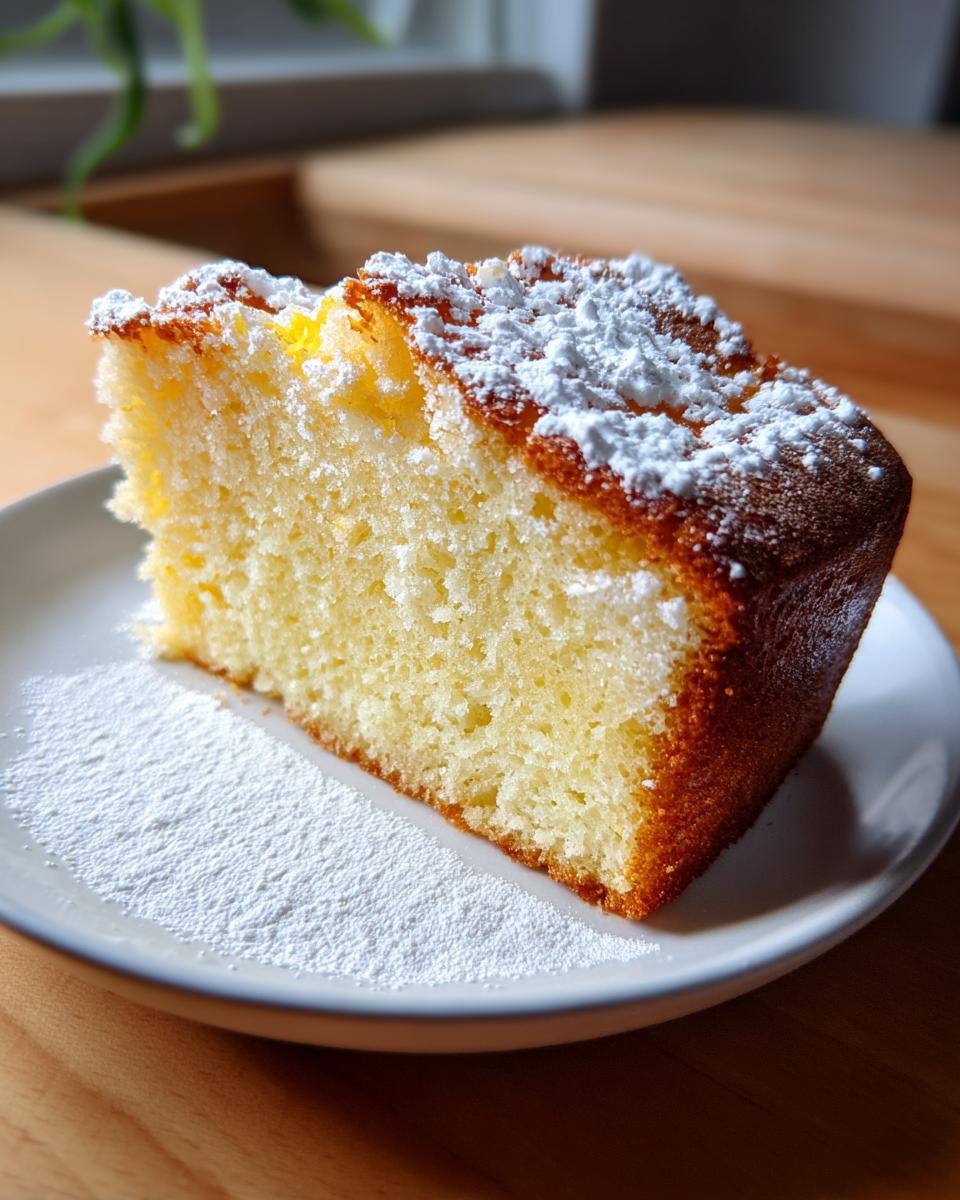 A close-up of a moist slice of olive oil cake dusted generously with powdered sugar on a white plate.