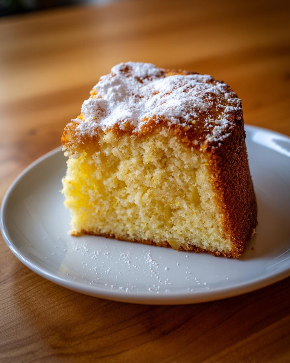 Close-up of a thick slice of moist olive oil cake dusted with powdered sugar on a white plate.