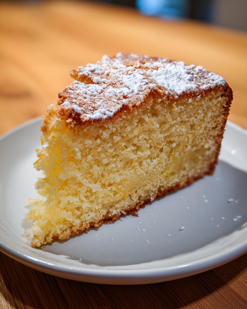 A close-up of a moist slice of amazing olive oil cake dusted with powdered sugar on a white plate.