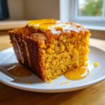 A close-up of a moist slice of sweet potato cornbread topped with melting butter and drizzled with honey.