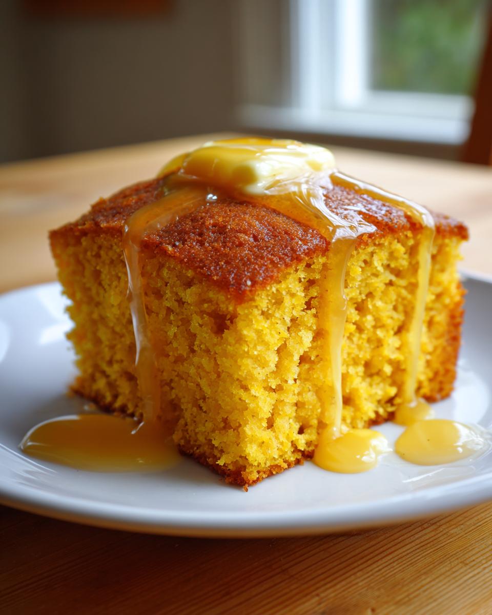 A square slice of moist, golden sweet potato cornbread topped with melting butter and drizzled with syrup.