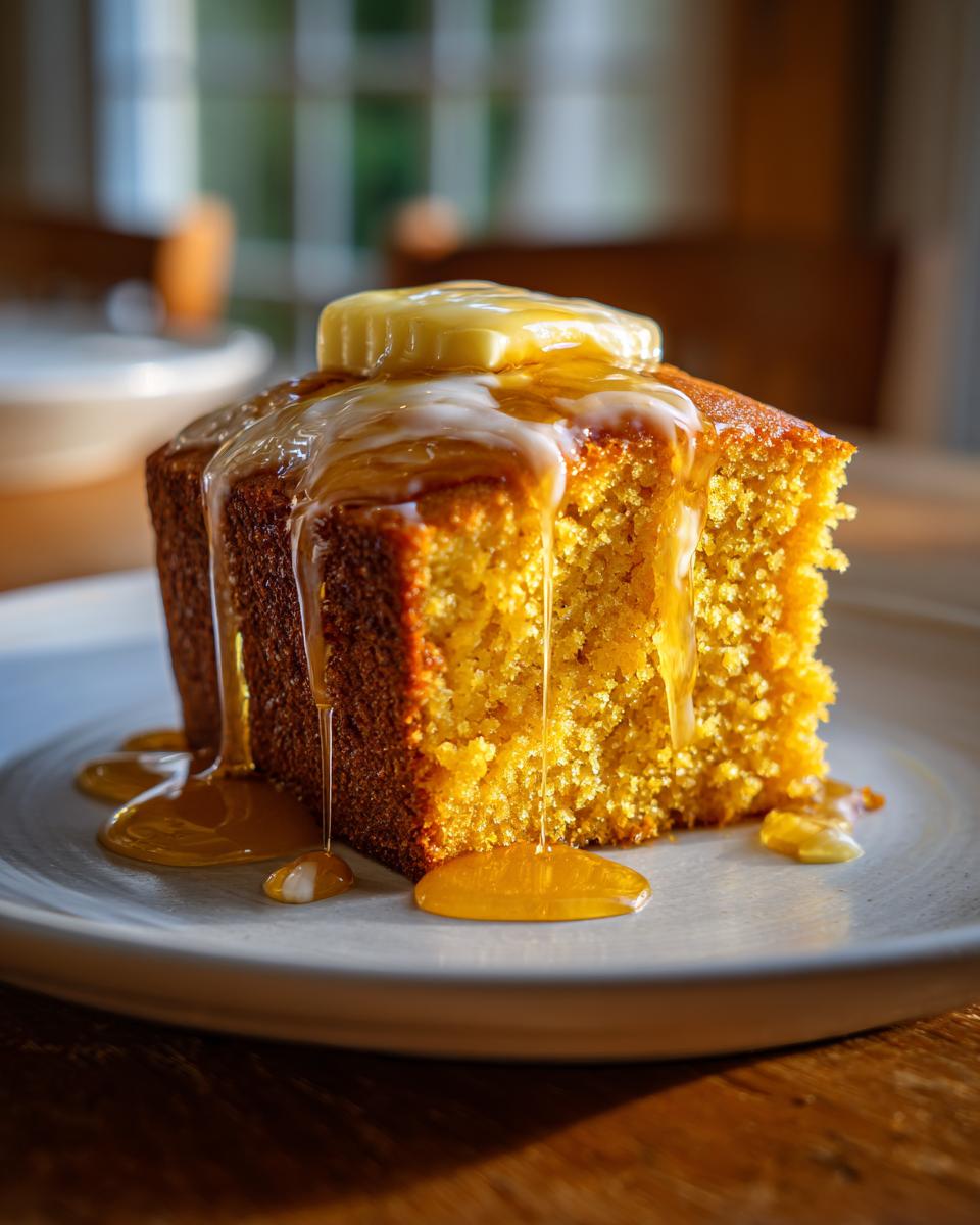 Close-up of a square slice of moist sweet potato cornbread topped with melting butter and dripping honey.