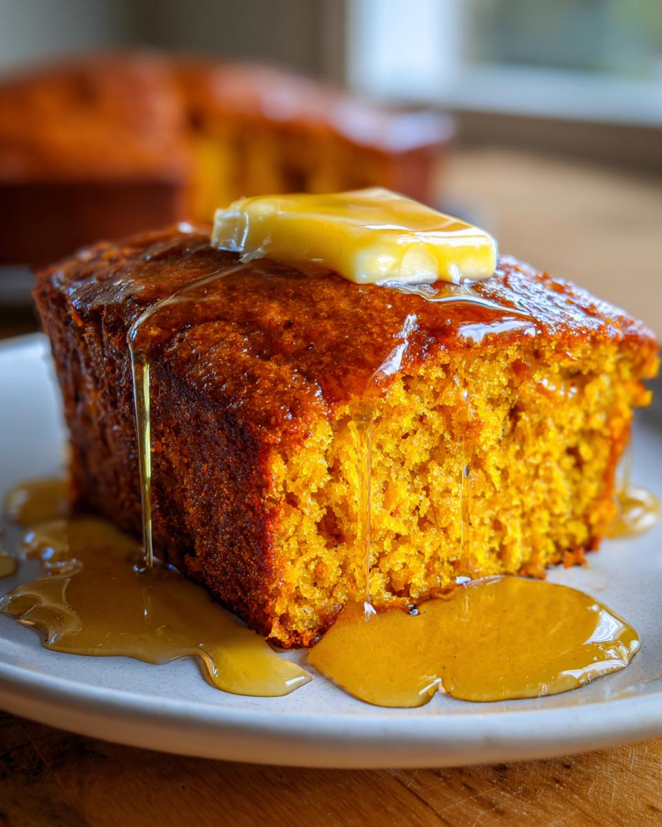 Close-up of a slice of moist sweet potato cornbread topped with melting butter and drizzled with syrup.