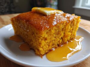 A close-up of a square slice of moist sweet potato cornbread topped with melting butter and drizzled with syrup.